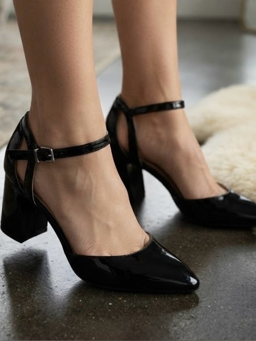 Charles David Black Patent Pointed Toe Ankle Strap Pumps
